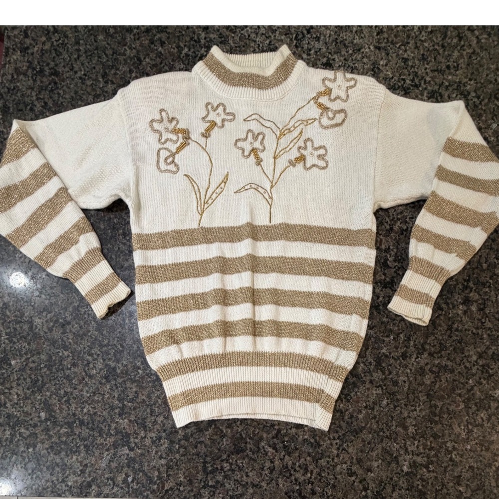 Vintage Christina Women Gold Metallic Striped Floral Beaded Mock Neck Sweater M